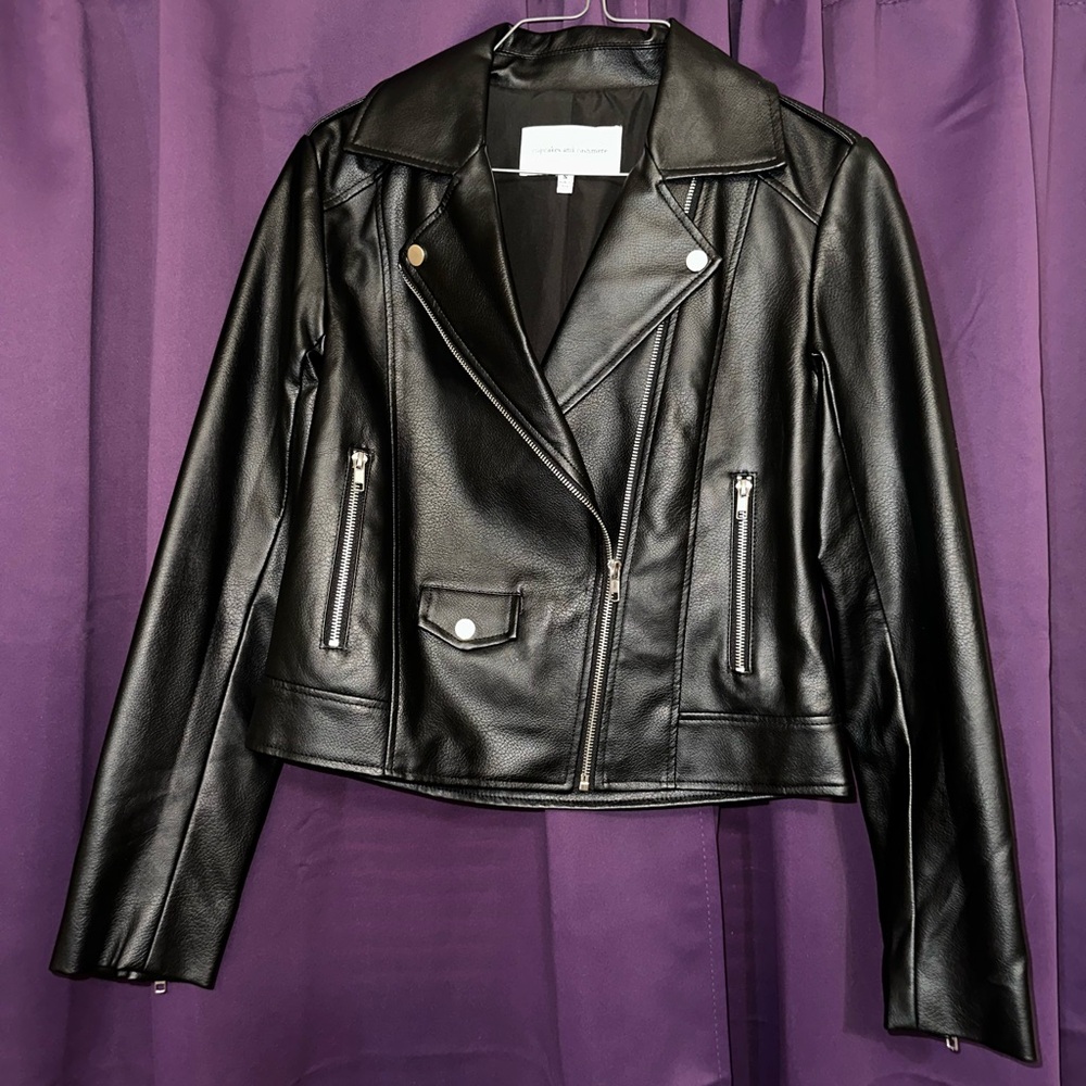 cupcakes & cashmere Glossy Black Leather Jacket